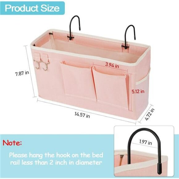 bedside caddy hanging storage organizer dorm bunk bed hospital bed rail pink bag - Picture 2 of 7